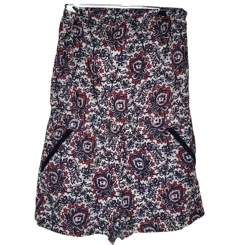 LOFT Women's Strapless Paisley Romper Pockets Cotton Red White Blue Size S